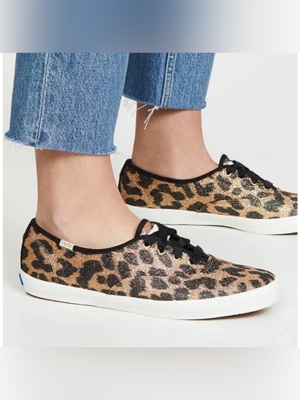 NEW KEDS X KATE SPADE GLITTER Leopard-Print Low-Top Sneakers RIBBON LACES SZ 9